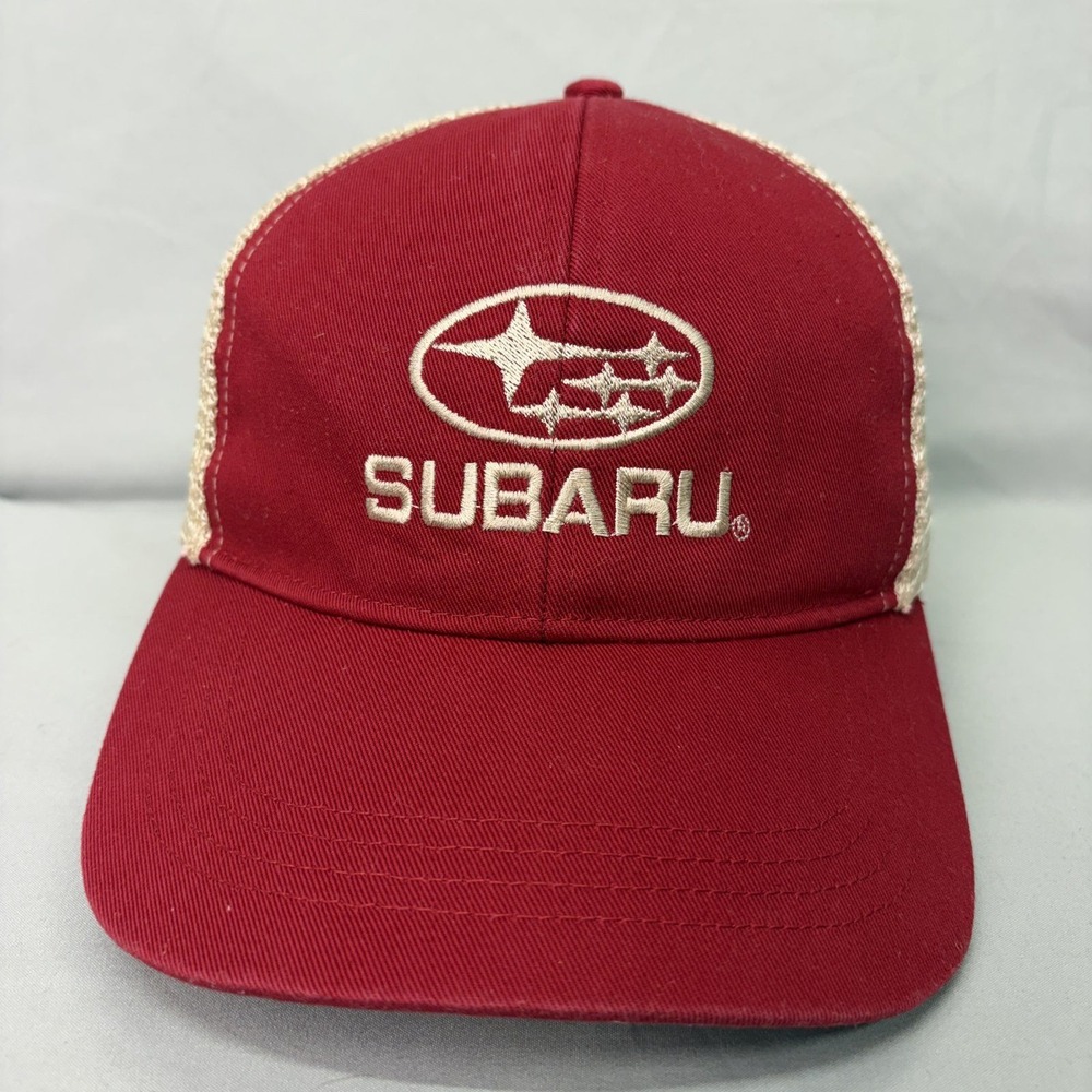 Subaru Hat Trucker Snapback Unisex OSFM Red Tan Embroidered Logo Cap